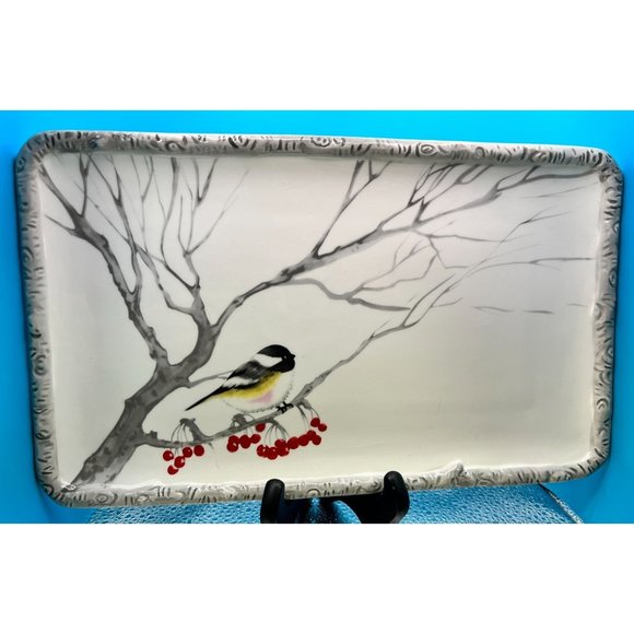 Kate Williams Global Designs Platter Chick-a-dee 12" x 7.5" Ceramic Painted Gift - Picture 1 of 7